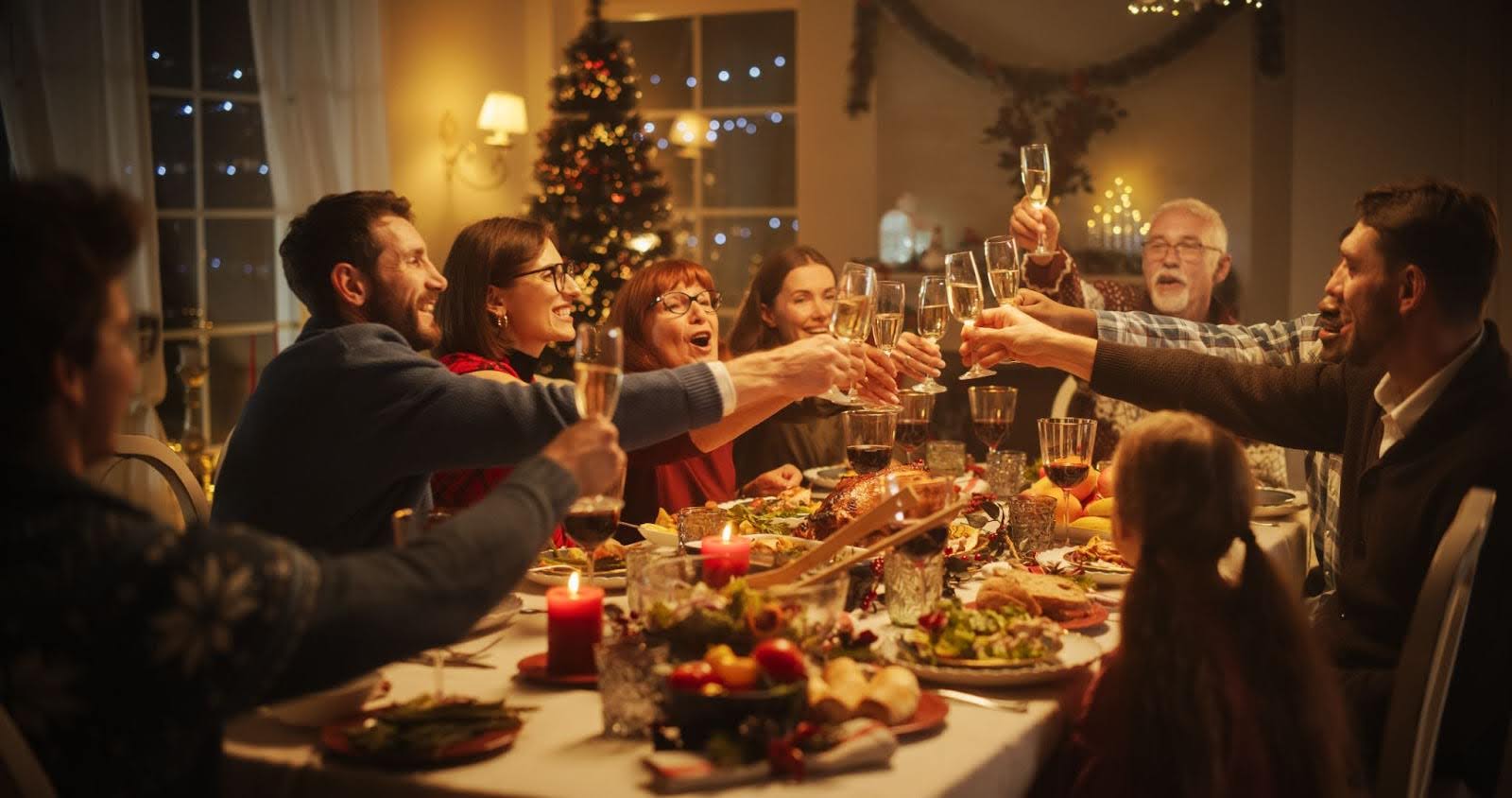 family celebrates holidays amidst festive décor
