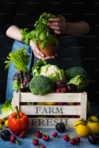 Farmers market display in wooden crate