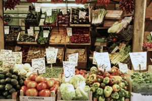 Fresh produce displayed at farmers market 