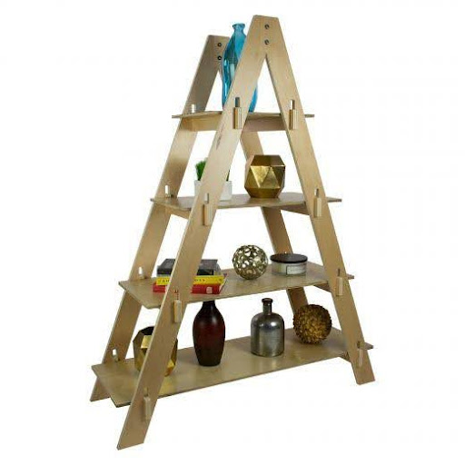 A-frame wooden shelf displaying various retail products