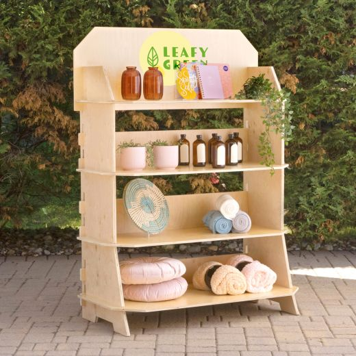 various hair products displayed on collapsible shelving