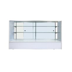 70" Retail Counter, Tempered Glass Adjustable Shelves & Sliding Doors, WHITE - 70"L x 18"W x 38"H