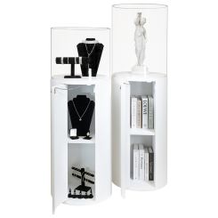 White Round Display Pedestal 18Dx36H - With Locking Door, 1 Shelf and Acrylic Cover