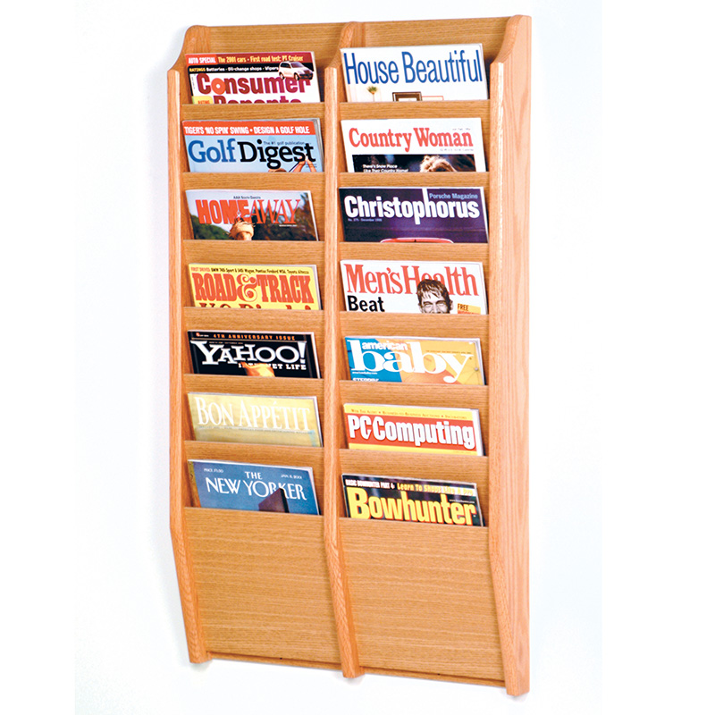 Light Oak Wall Mount 14 Pocket Vertical Magazine Rack | shopPOPdisplays